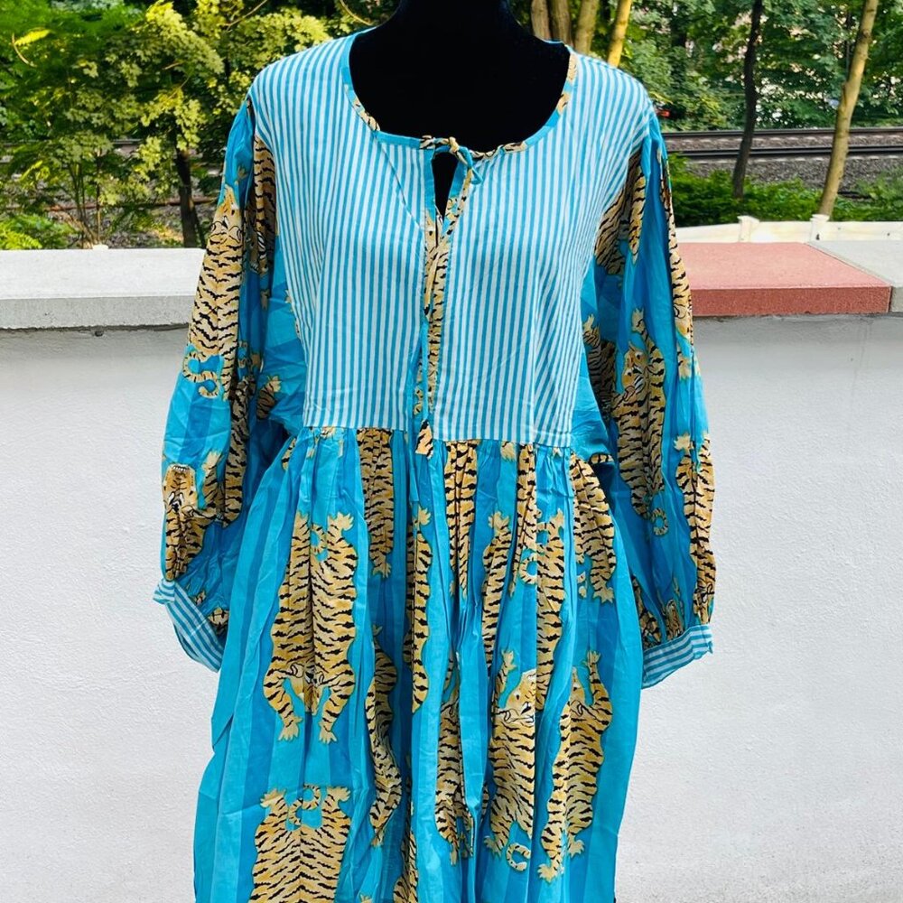 Blue Tiger Print Boho Dress | Striped Bodice | Long Sleeve
